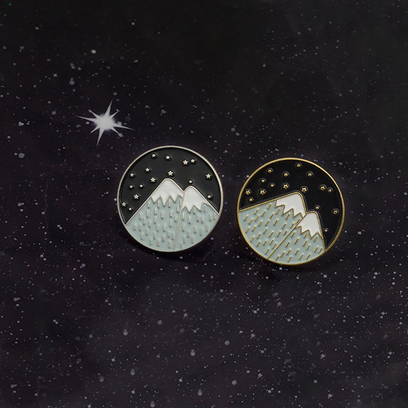 

Adventure Pin Snow Mountain Moonlight Star Forest Nature Round Enamel Pins Button Badge Travel Brooch Outdoorsy Gifts