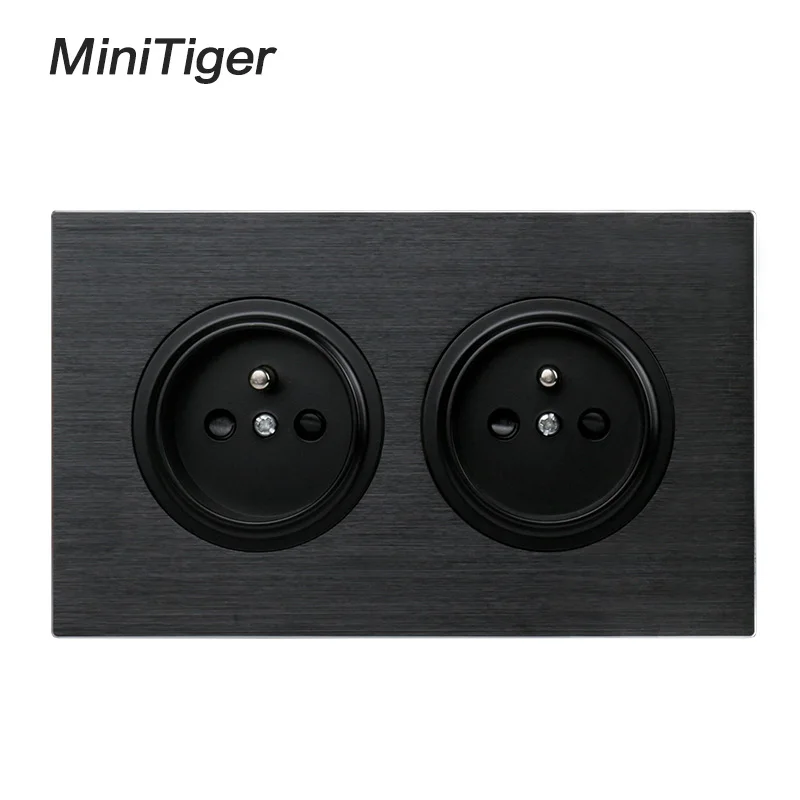

Minitiger Luxurious Black Aluminum Panel 16A Double French Standard Wall Power Socket Grounded With Child Protective Lock