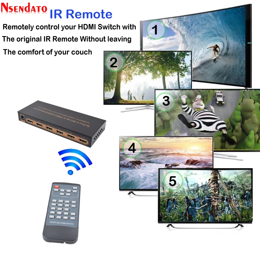  5 Port Smart CEC HDMI Timing Switch 4K 60Hz 18 Gbps 5x1 HDR HDMI Adapter Switcher With IR Romote fo