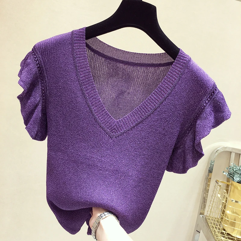 Dingaozlz New Fashion Women Knitted shirt Summer Ruffles Sleeve Pullovers Tops Solid color V-neck Casual Sweater Dingaozlz New Fashion Women Knitted shirt Summer Ruffles Sleeve Pullovers Tops Solid color V-neck Casual Sweater