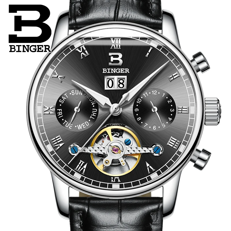 Швейцарские мужские часы BINGER люксовый бренд Tourbillon fulll водонепроницаемые
