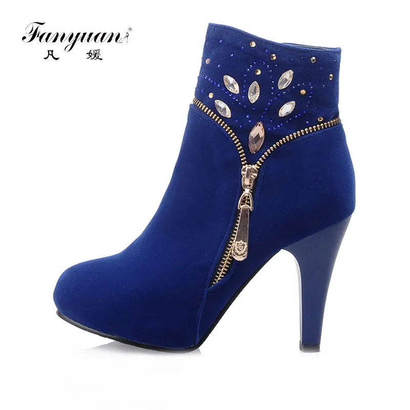 

Fanyuan 2018 New Style Shoes Women Crystal Design Zip Solid Round Toe Platform Thin High Heels Casual Party Shoes Ankle Boots