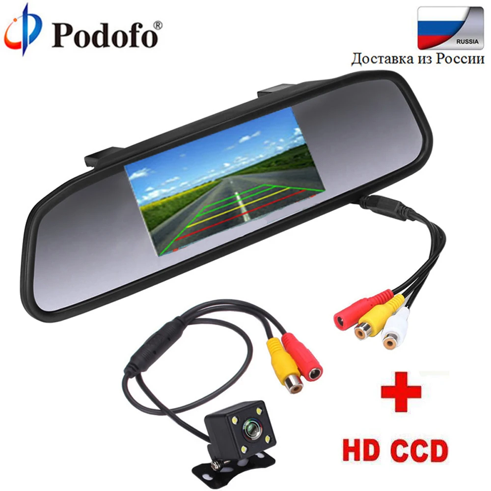 

Podofo CCD HD Waterproof Backup Parking System, 4 LED Night Vision Car Rear View Camera + 4.3" TFT Car Rearview Mirror Monitor