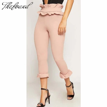 

Elegant OL Bell Bottom Slim Pants Slim Calf Length Trousers Pants Newest Women Retro Stitching Elastic Wasit Flare Pants