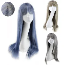 Cheap Synthetic Long Straight Wig With Bangs Simulated Scalp Harajuku Lolita Hair Blue Grey Cosplay Wigs For Women Cheap Synthetic Long Straight Wig With Bangs Simulated Scalp Harajuku Lolita Hair Blue Grey Cosplay Wigs For Women