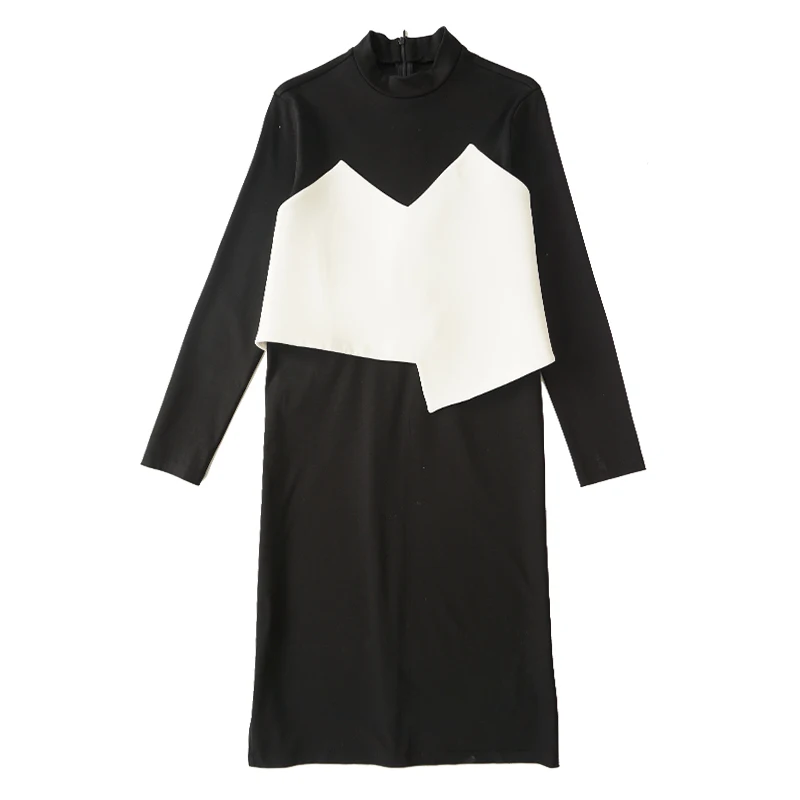 

PERHAPS U Woman Elegant Black White Office Lady Stand Collar Long Sleeve Knee length Work Dress D0781
