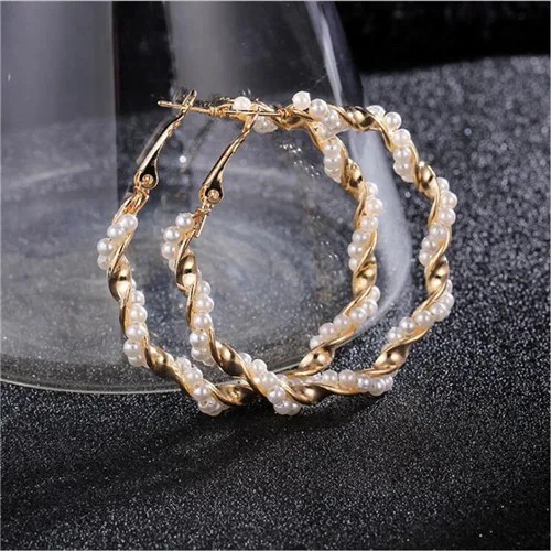 New Pearl Hoop Earrings for Women Exaggerates Oversize Pearl Circle Ear Rings Earrings Fashion Europe Nightclub Jewelry - Окраска металла: NCC-01