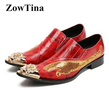 

Metal Decor Pointed Toe Men Formal Dress Shoes Red Real Leather Wedding Shoes Man Sequins Oxford Summer Shoes Chaussure Homme