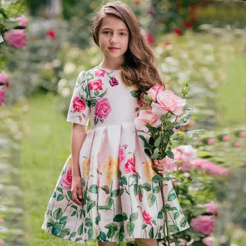 

2019 Spring Autumn New Pretty Girl Dress Flower Pleated Satin Girl Short-sleeved Dress Print Dresses Girls Children Party Girls