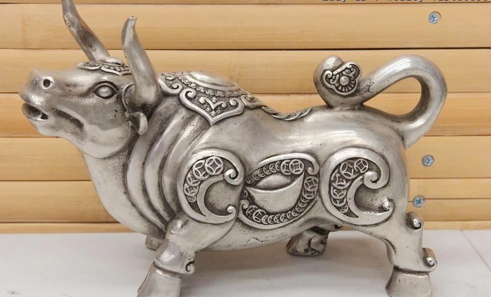China Fengshui Copper Silver Zodiac Year Animal RuYi Wealth Bull Ox Oxen Statue | Дом и сад
