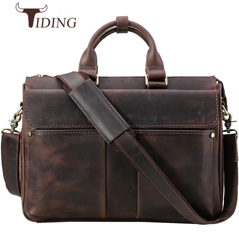 tiding Designer Handmade Leather Briefcase 15.6'' Laptop Document Bag Men's Handbag Vintage
