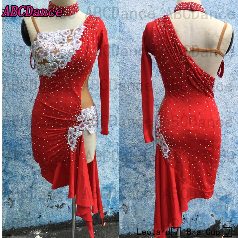 

Latin Dance Dress ballroom dancewear salsa dancing costume for competition dance clothing long sleeves Latin lycra dress red