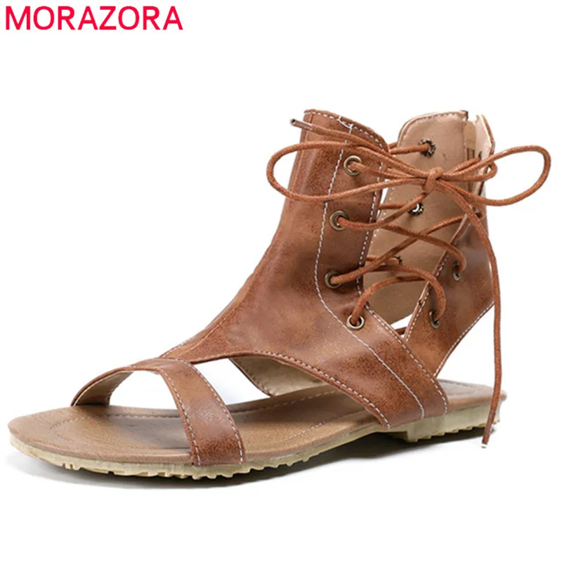 

MORAZORA 2019 large size 48 women gladiator sandals pu cross tied zipper summer shoes comfortable simple rome shoes woman