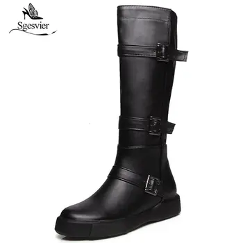 

Sgesvier Woman Knee High Boots Sexy Flat Heel PU Leather Shoes Winter Ladies Black White Thigh High Snow Boots Shoes Woman OX905