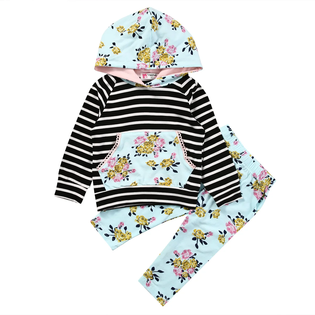 Floral Newborn Baby Clothes Set Infant Bebes Girls Striped Hooded Sweatshirt Tops Flower Pant 2PCS Outfit