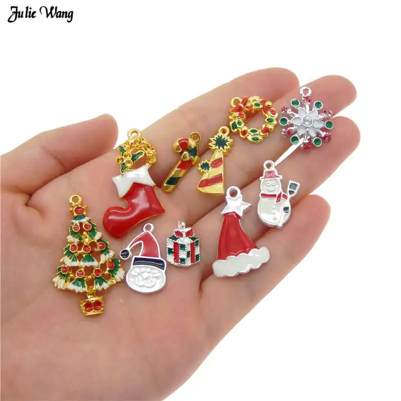 

Julie Wang 10pcs Mixed Christmas Charm Women Bracelet Necklace Pendant Keyring Hanging Craft DIY Accessory Xmas Home Decor
