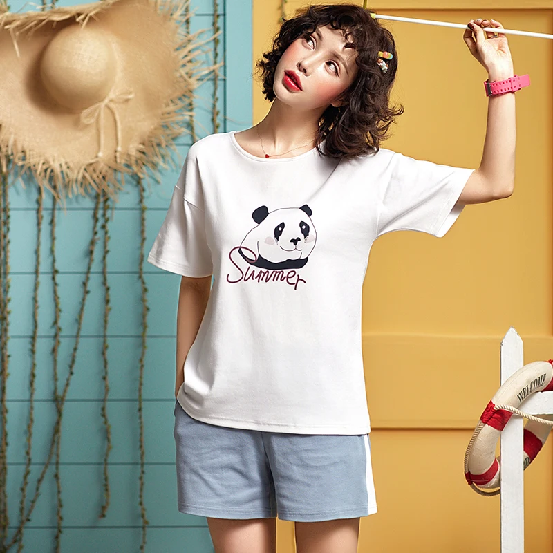 Новое поступление, Женский пижамный комплект, одежда для сна, Женская Хлопковая пижама с рисунком панды, летняя повседневная свободная одежда для сна, домашняя одежда