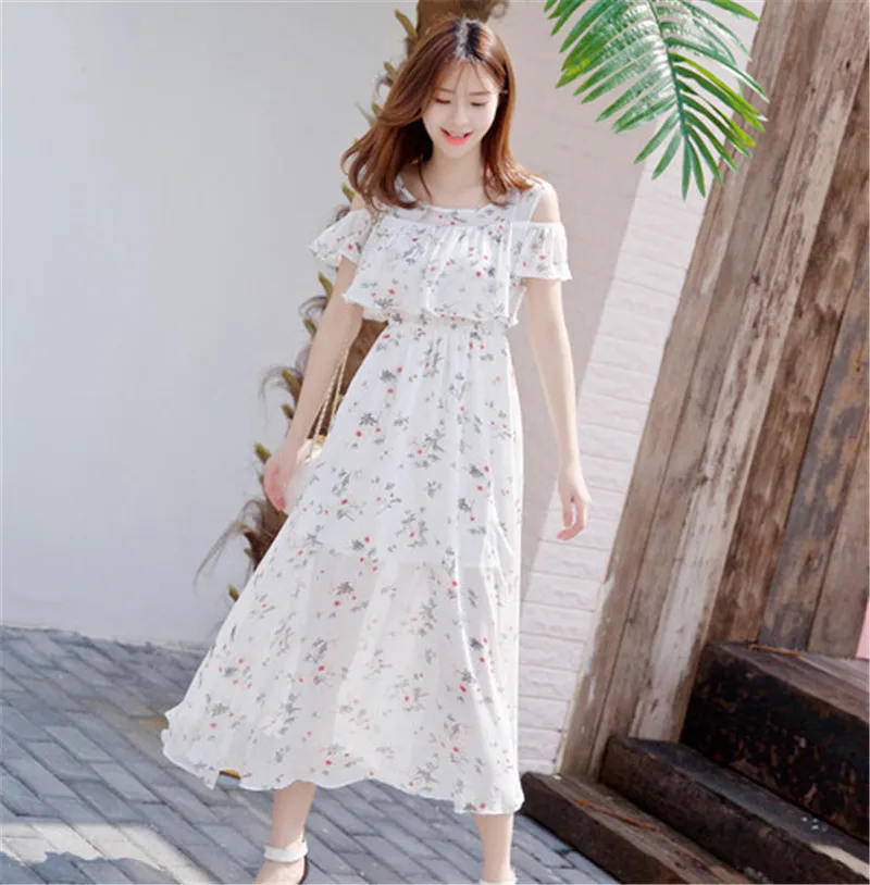 

2017 Summer Women Chiffon Boho Beach Dress Female Slim Butterfly Sleeve High Waist Strapless Dress White Long Dresses Sundress