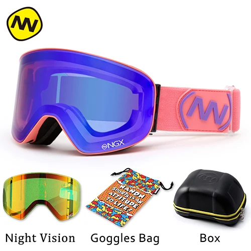 NANDN лыжные очки, очки для катания на лыжах, двойные линзы, UV400, противотуманные, для взрослых, для сноуборда, лыжного спорта, очки для женщин, мужчин, снежные очки - Цвет: Pink frame Blue