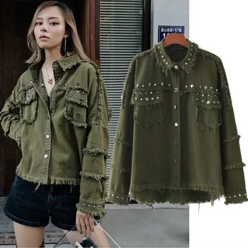 

Rivet Denim Jacket Women Autumn Vintage Long Sleeve Jacket Female Jeans Coat Casual Streetwear Fuzzy Jacket