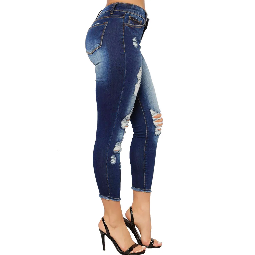 

2019 Hot Sale Women Hole Skinny Pencil Denim Jeans Elastic Female Slim Fitness Pants Trousers Vaqueros Mujer