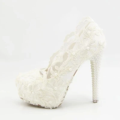 

Concise Style Women Solid Black Lace Leather Round Toe Pumps Slip On Pearls Decoration Sky High Heel Wedding Shoes 14cm Heel