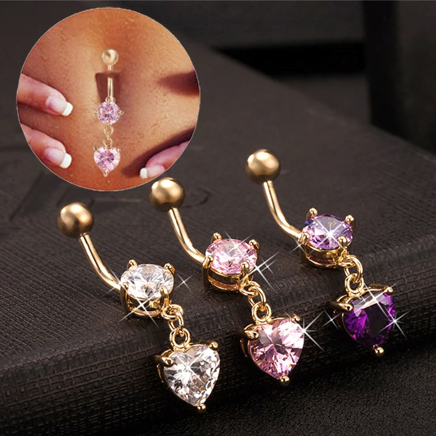 

Heart Dangle Jewelry Yellow Gold-Color Belly Button Rings Clear Purple Pink Cubic Zirconia Piercing AAA CZ Body Piercing Navel