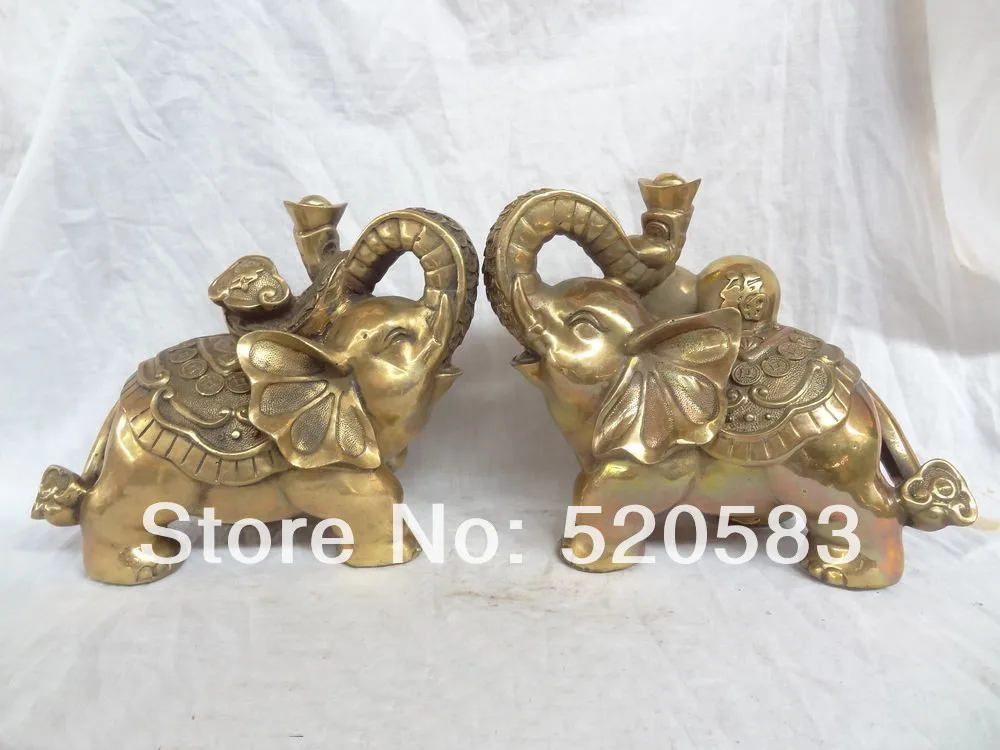 

10" Chinese Brass FengShui Coin JiXiang RuYi Fu gourd Elephant Statue Pair