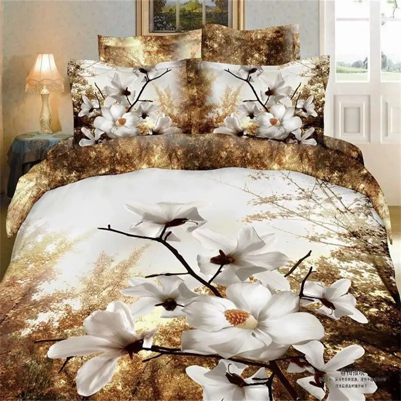 Magnolia 3D White Flower Oil Painting Bedding Set Queen Size,100