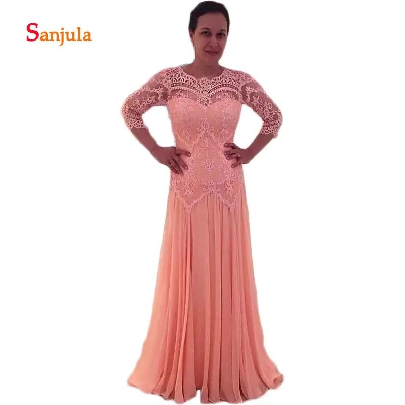 Drie Kwart Lace Mouwen Moeder van de Bruid Jurken Coral Chiffon A-lijn Wedding Party Jurken Lange Avondjurken D230 Drie Kwart Lace Mouwen Moeder van de Bruid Jurken Coral Chiffon A-lijn Wedding Party Jurken Lange Avondjurken D230