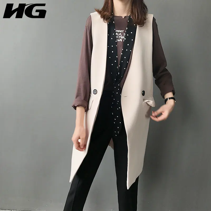 

[HG] Korea Fashion 2019 Spring New Women V-neck Sleeveless Loose Long Coat Female Solid Color Double Breasted Vest WBB2600