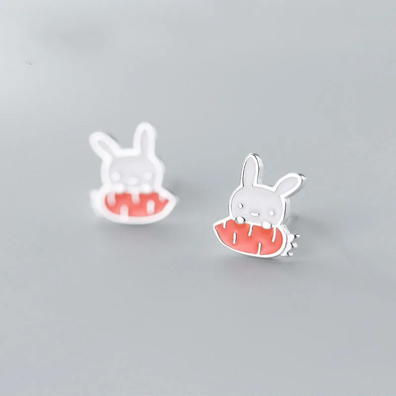 

Cute Animal Rabbit Eating Carrot 925 Sterling Silver Studs Earrings