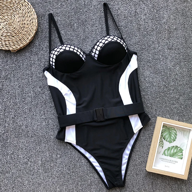 

Swimwear 2019 New Arrival Mesh Patchwork Straps Belt One Piece Swimsuit Female Bodysuit Monokini Summer Sexy Women Black