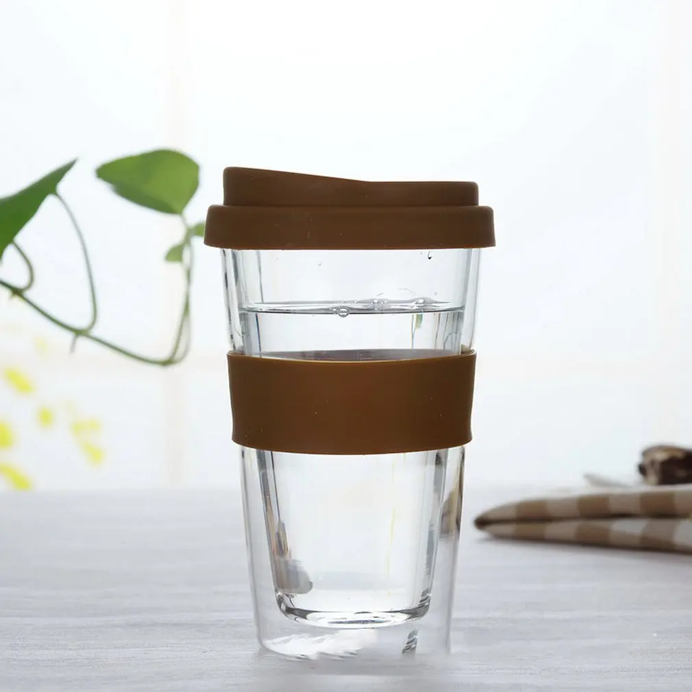 

Portable Heat-resistant Double-layer Glass With Silicone Cover Thick Glass Coffee Brown Cover Double Layers Cup