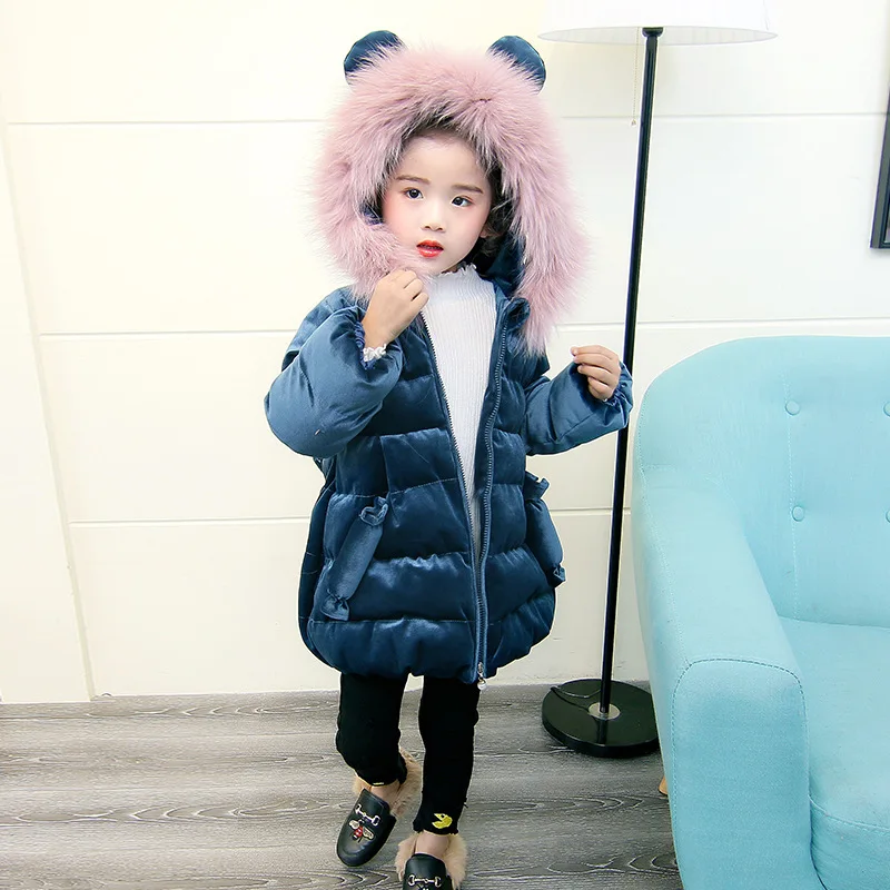 Зимняя куртка для девочек детская одежда для девочек с воротником из натурального меха; утепленная толстовка с капюшоном детская одежда, парки 2 цвета - Цвет: Синий