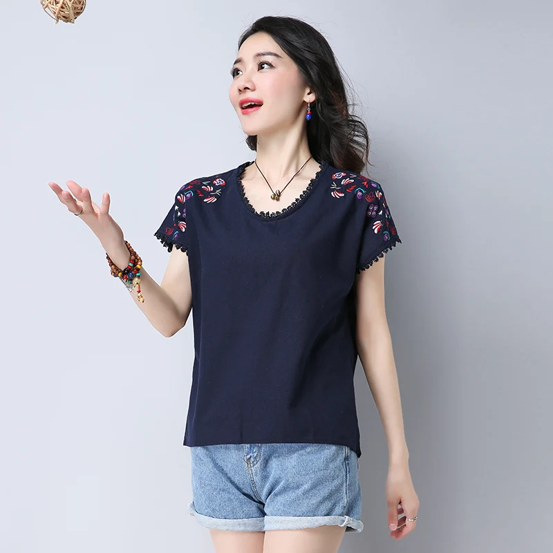 new summer women blouse shirt fashion casual o-neck female ladies tops floral embroidery solid women's clothing 0284 40