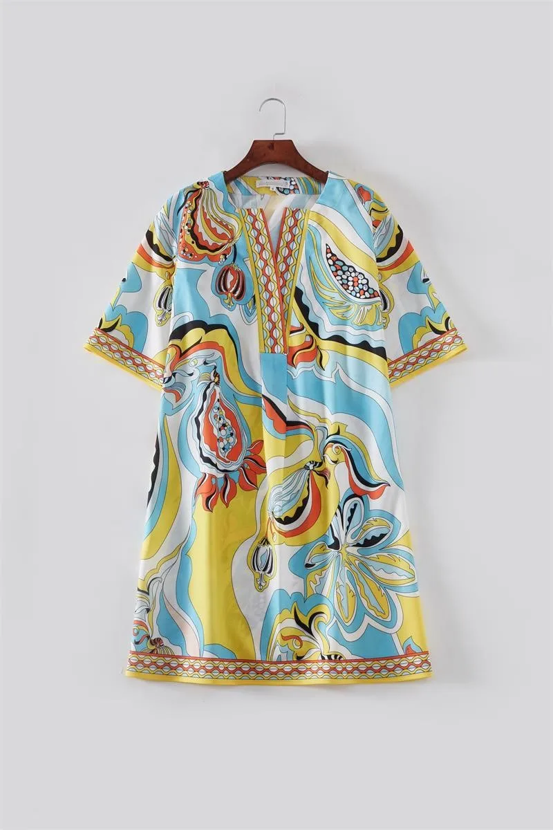 Women Summer Dress High Quality Runway Short Sleeve Printed Loose Casual Dresses Holiday Dress NP0553L