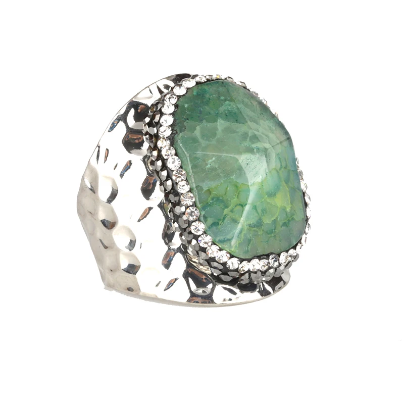 

Mint Green Cloud Pattern Faceted Onyx Stone Charm Pave Rhinestone Wrap Adjustable Open Big Hammered Ring Cuff For Women Man