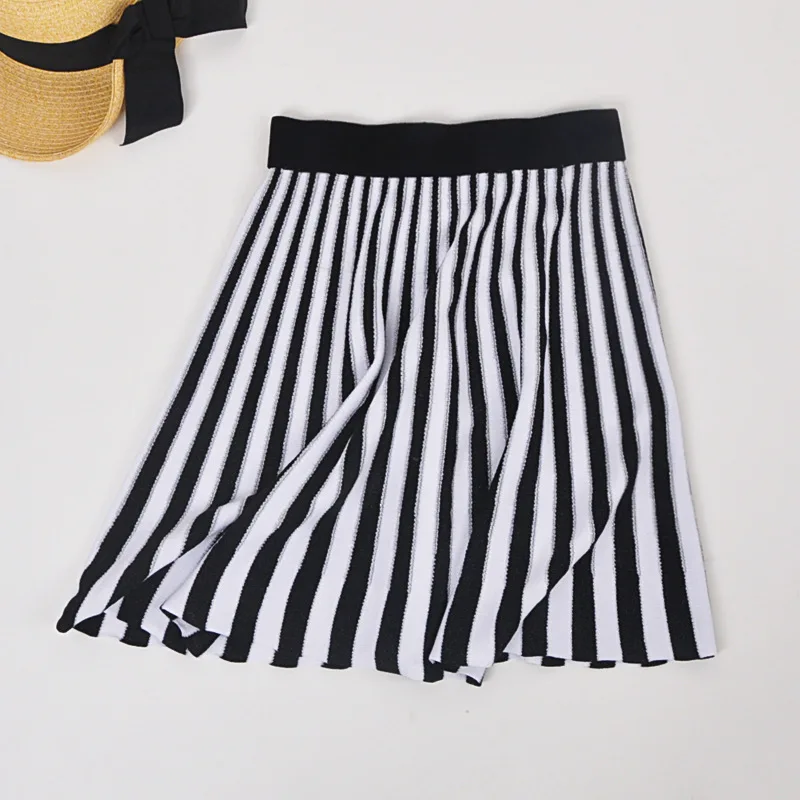 Летние шорты юбка Для женщин Новая Черная полосатая плиссированная юбка Для женщин с эластичной резинкой на талии, трикотажные женские юбки в стиле casual мини-юбка