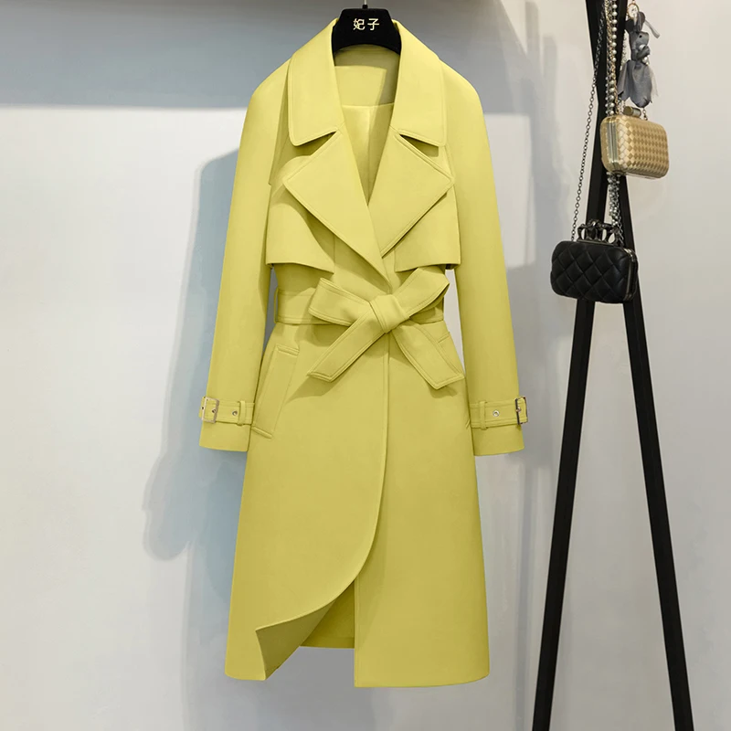 

High Quality Yellow Office Lady Coat Fashion Winter Autumn Belt Elegant Long Coat Pleated V-neck Bow Ladies Coat Long Coat Women