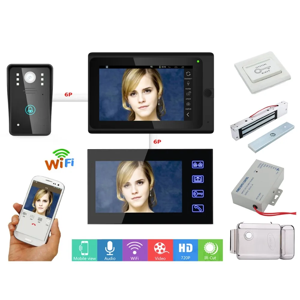 

Home set 7" 2 Monitors Wired /Wireless Wifi Video Doorbell Intercom System with 1000TVL Wired CCD Camera Night+Electric Lock