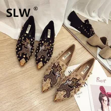 Женские повседневные туфли-лодочки с острым носком из хлопчатобумажной ткани со стразами и резиновой подошвой из искусственной кожи на шнуровке г. новые удобные слипоны из флока с заклепками