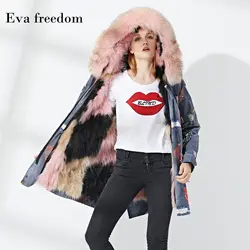Высокое качество модный бренд зимой можно разобрать натуральный мех лайнер поддельные из двух частей женские с имитацией джинсовая куртка