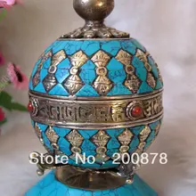 TBC955 тибетская Латунь инкрустация из бирюзы Dorje антикварная большая подставка Молитвенное мани колесо, 13 см, тибетское коллекционирование, 110X65 мм