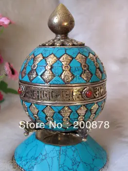 

TBC955 Tibetan Brass Inlaid Turquoise Dorje Antiqued big Stand Prayer Mani Wheel,13cm,Tibet collectibles,110X65mm