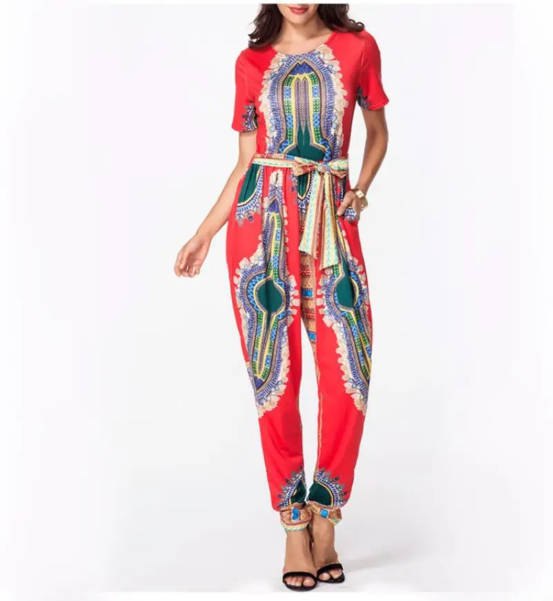Waistbanded Slim Fitted Bodysuit 2018 autumn women's digital printing jumpsuit waist straps jumpsuit long Bohe onesies Fashion