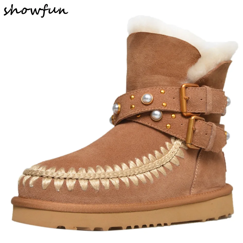 

3 Color plus size 34-43 women's genuine suede leather beading buackle snow boots warm plush short ankle boots high quality shoes