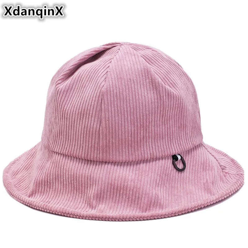 XdanqinX Winter Women's Bucket Hats Corduroy Cotton Elegant Ladies Cap