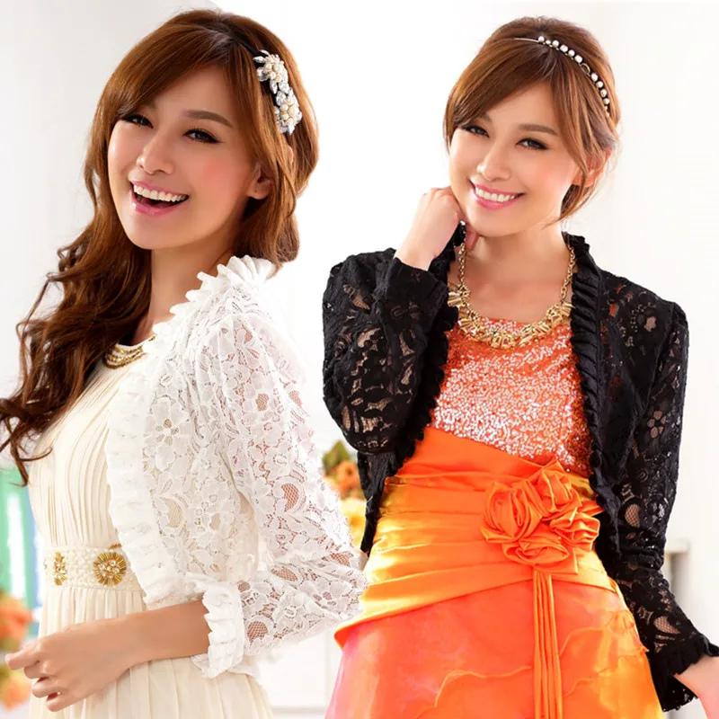 

F~4XL New Women Ruffle Bolero Crop Large Size Wrap Coat CutOut Lace Long-sleeve Evening Party Short Shawl Cardigan Bridal Jacket