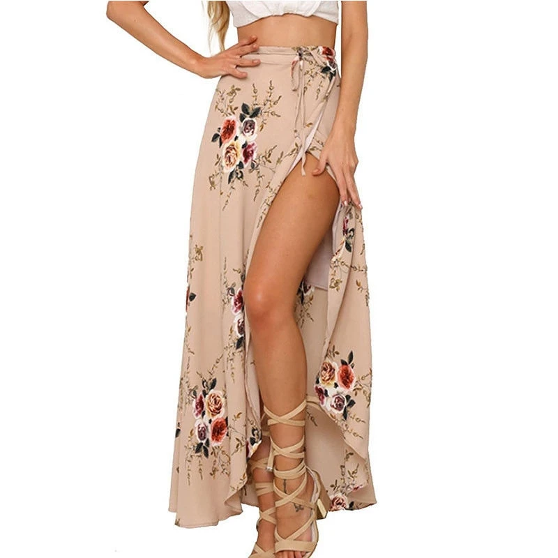 Boho Для женщин летние цветочные Полный юбка Повседневное пляжные Высокая Талия - Цвет: Apricot